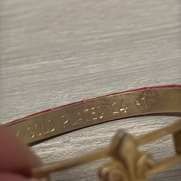 Vtg 24k Gold Plated Italy Purple Python pink Leather Lily Hook Bracelet - Picture 6 of 10